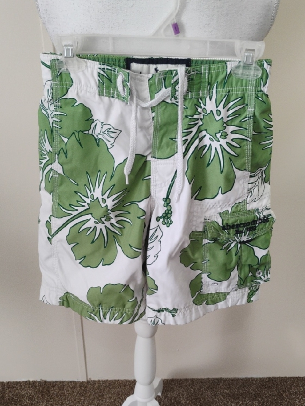 Mens Abercrombie & Fitch White Swim Shorts with Green Floral Print